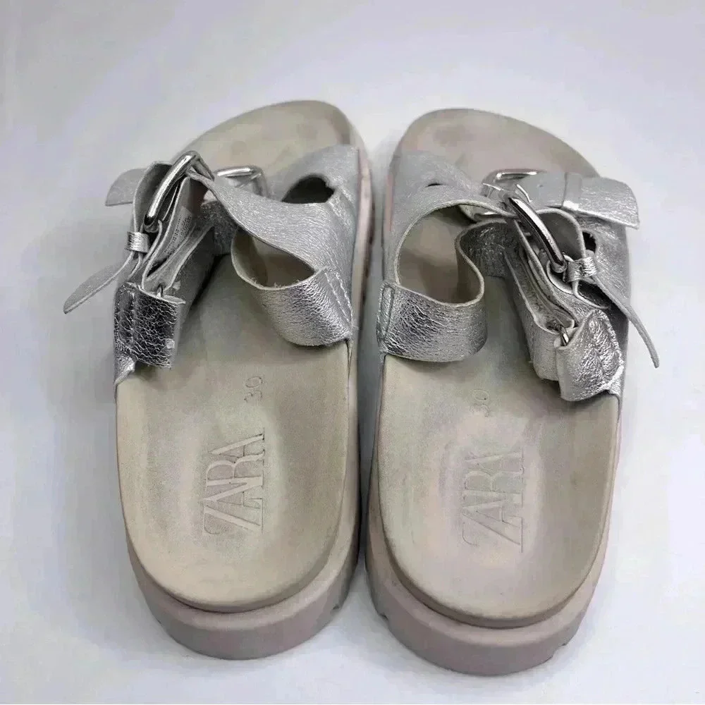 Zara metallic silver‎ sandals size 30 chunky adjustable straps